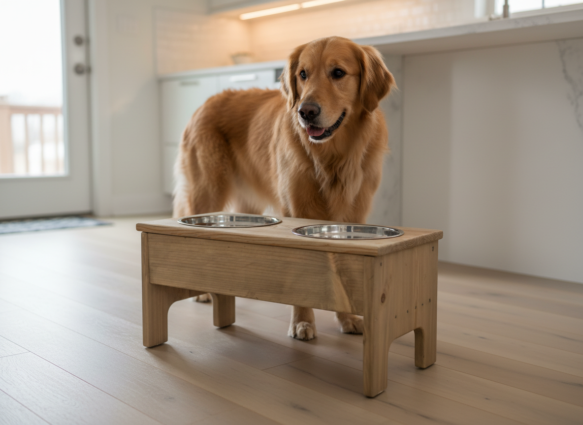 Golden retriever beside handcrafted wooden double-bowl feeding station