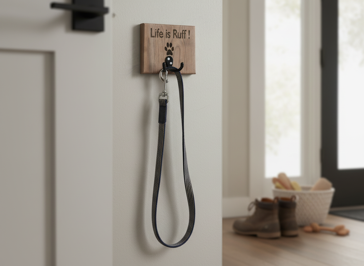 Wooden wall-mounted leash holder with Life is Ruff engraving